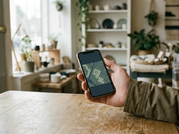Hand hält ein Smartphone mit einer Karte, im Hintergrund ein kleiner Laden